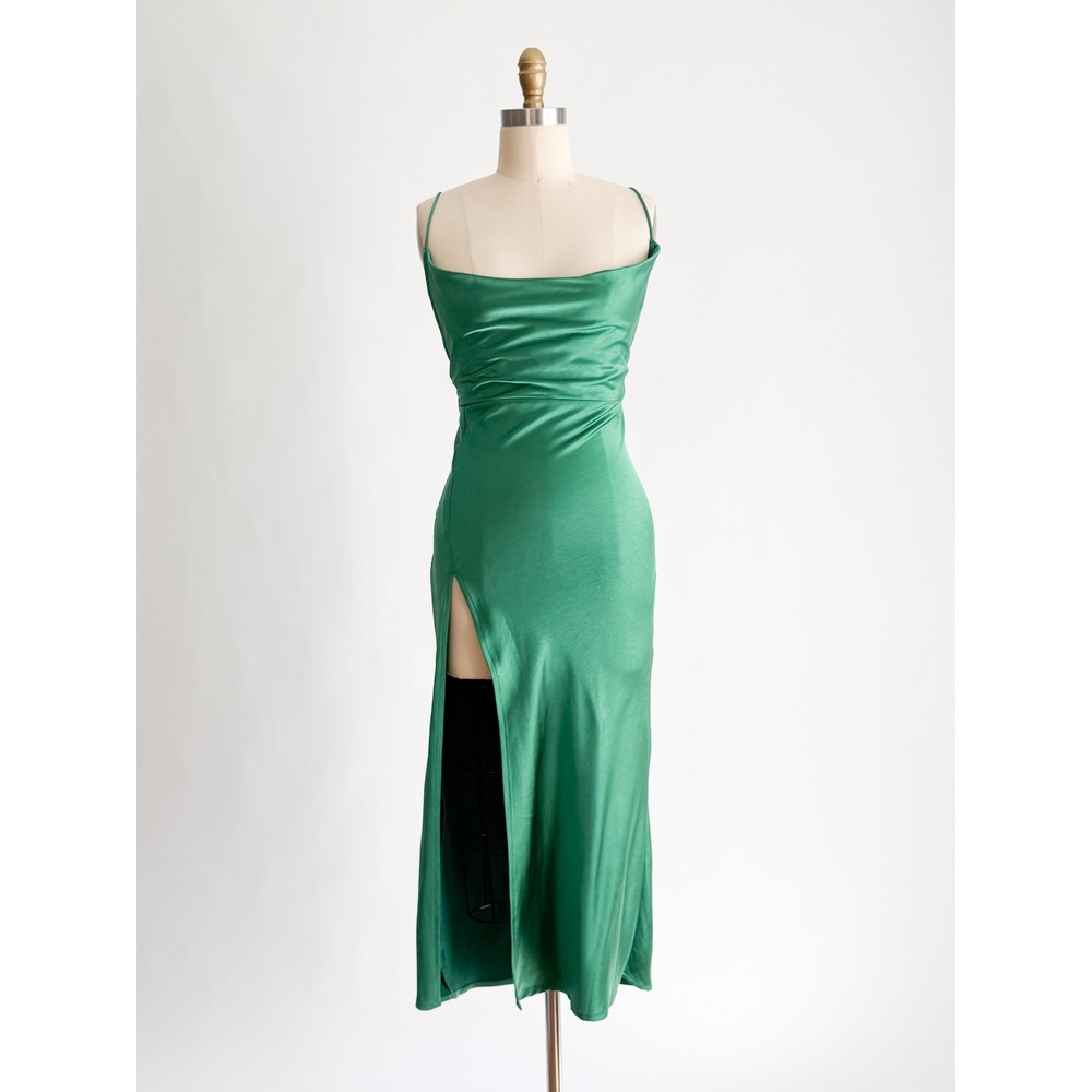 Lioness Midi Dress Emerald Green Satin Cowl Neck Slit XXS Open Back Cocktail